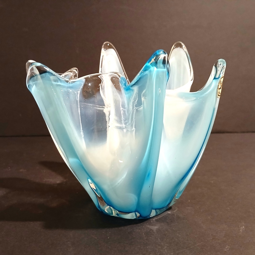Elegant Blue and White Blown Glass Art Piece